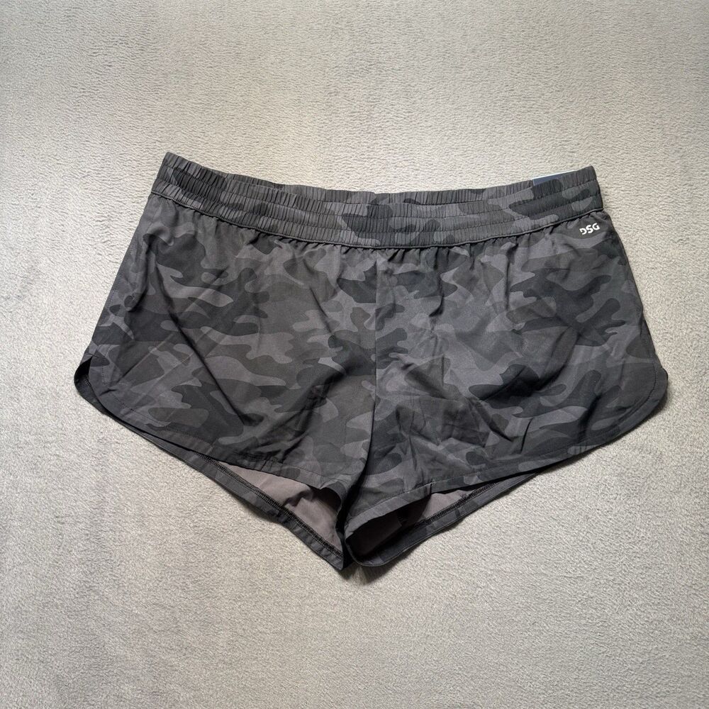 DSG Womens Large Stride Run Shorts Black Camo Performance Lined Athletic NWT